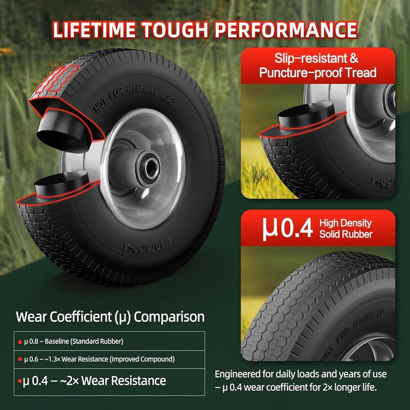 uscaster 4.10/3.50-4 Tire and Wheel Flat Free,10-Inch Solid Wheel Replacement with 5/8 Extra 3/4 &1/2 Bearings,2.2" Offset Hub -Compatible with Hand Truck,Wheelbarrow,Dolly(Wave,Gray) - Image 3